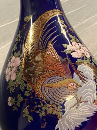 Vaso Porcellana Giapponese Cobalto Pavoni Oro