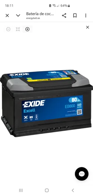Batería Coche Exide Excell EB800 80Ah