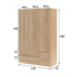 Armario 3 Puertas + 4 Cajones Roble