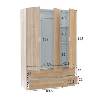 Armario 3 Puertas + 4 Cajones Roble