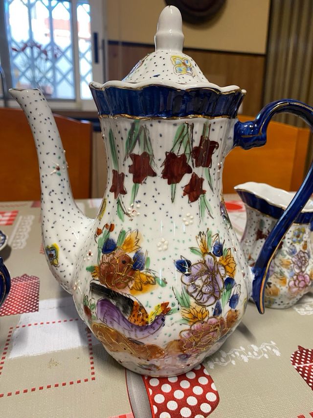 Juego de té cerámica azul y blanco