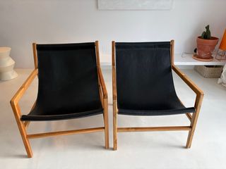 Sillón lounge teca y cuero negro