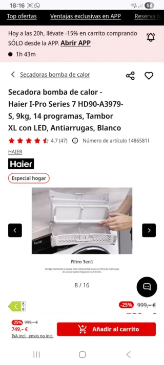 Secadora Haier HD90-A3959 Bomba Calor