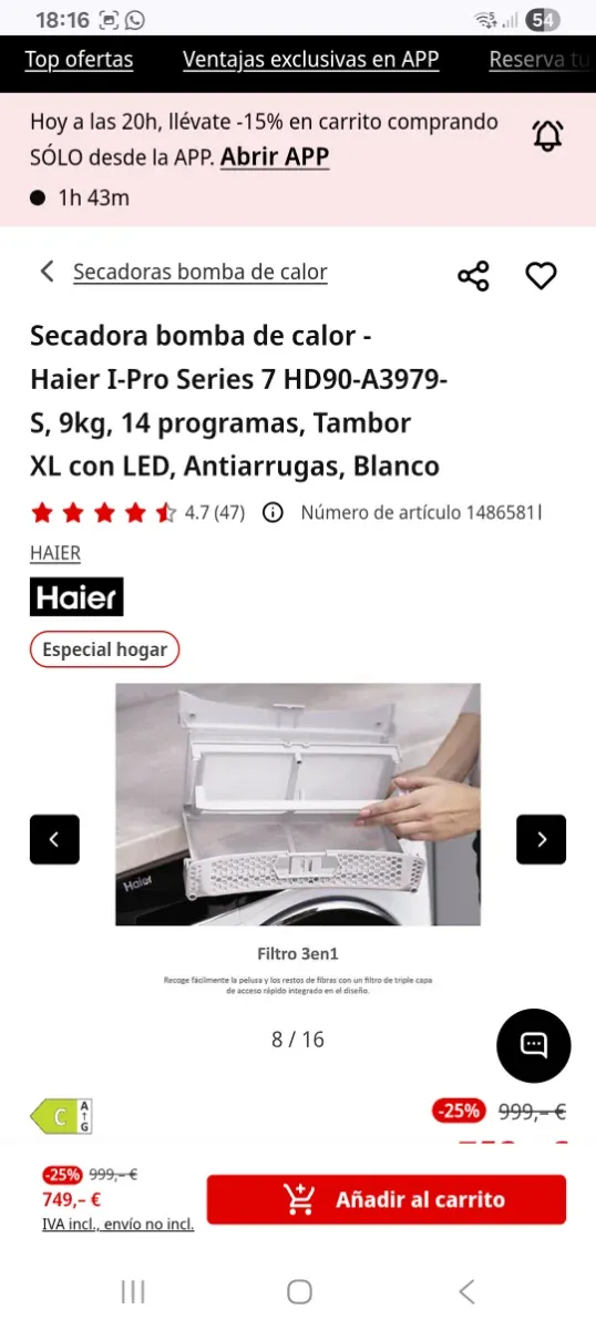 Secadora Haier HD90-A3959 Bomba Calor
