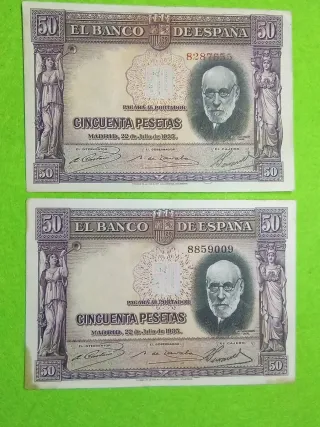 2 Billetes 50 Pesetas de1935 diferencias en color
