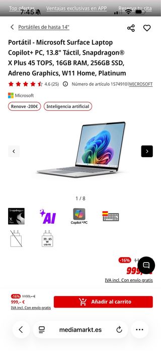 Microsoft Surface Laptop Copilot+ 13.8 Táctil