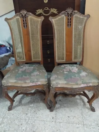 Pareja Sillas Antiguas Madera y Rattan
