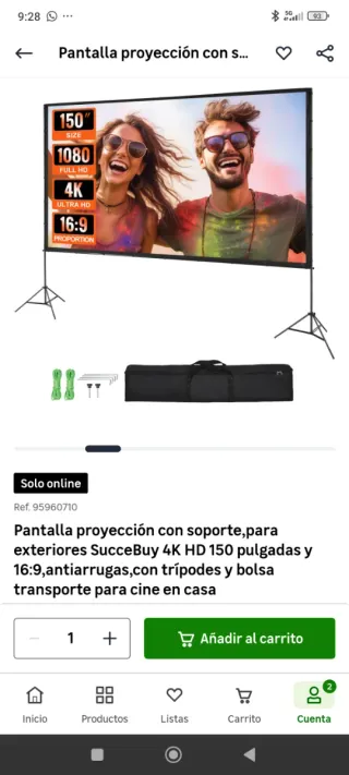 Pantalla Proyector 150 16:9 Soporte y Bolsa