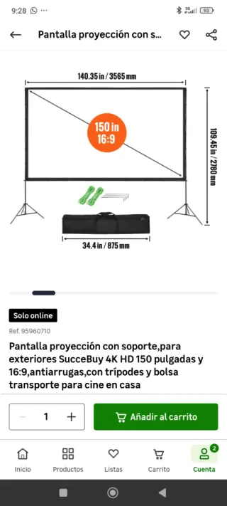 Pantalla Proyector 150 16:9 Soporte y Bolsa