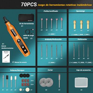 Mini amoladora inalámbrica, 70 accesorios, luz led