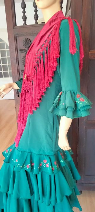 Traje Flamenca Verde Pintado a Mano Talla 40