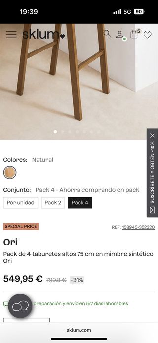 Lote 4 taburetes 75cm de mimbre sintético