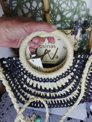 Bolso Capazo de  Pajaen tonos  Beige/Negro