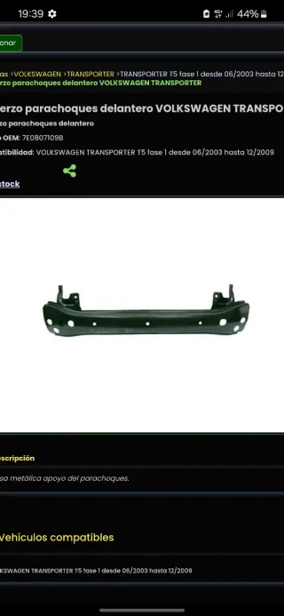 Travesaño soporte parachoques VW Transporter T5