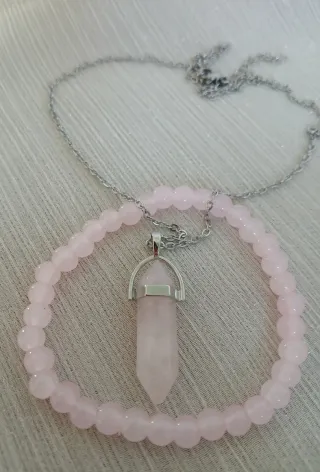 Colgante Cuarzo Rosa Hexagonal y Pulsera de cuarzo