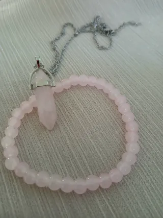 Colgante Cuarzo Rosa Hexagonal y Pulsera de cuarzo
