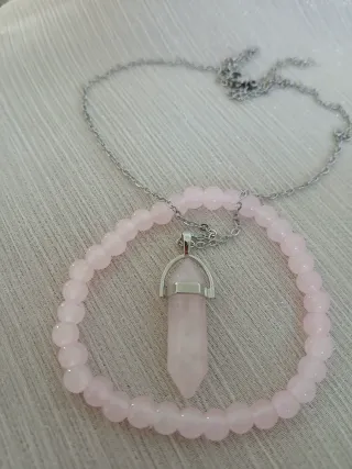 Colgante Cuarzo Rosa Hexagonal y Pulsera de cuarzo