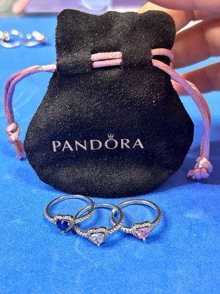 3 Anillos Pandora Corazón Rosa y Azul 56
