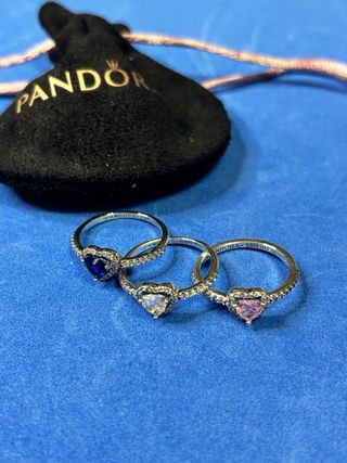 3 Anillos Pandora Corazón Rosa y Azul 56