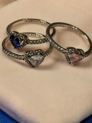 3 Anillos Pandora Corazón Rosa y Azul 56