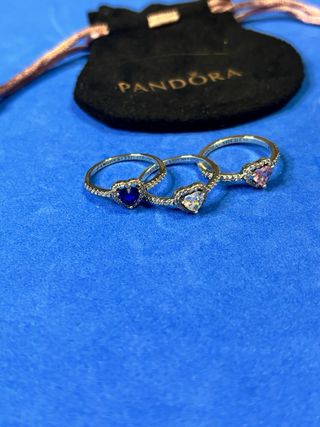 3 Anillos Pandora Corazón Rosa y Azul 56
