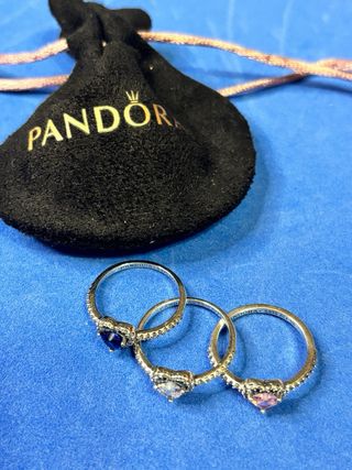 3 Anillos Pandora Corazón Rosa y Azul 56