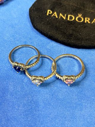 3 Anillos Pandora Corazón Rosa y Azul 56