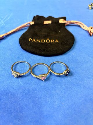 3 Anillos Pandora Corazón Rosa y Azul 56