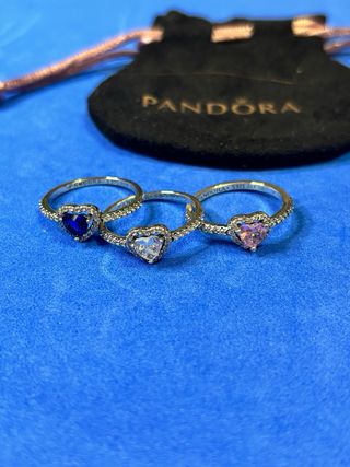3 Anillos Pandora Corazón Rosa y Azul 56