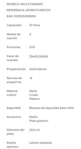 Microondas Panasonic NN-GT210W Blanco