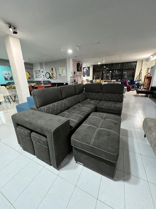 Sofá Cama Gris + Puff + 2 Butacas