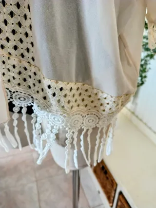 Kimono Boho Ibiza Blanco Encaje Flecos