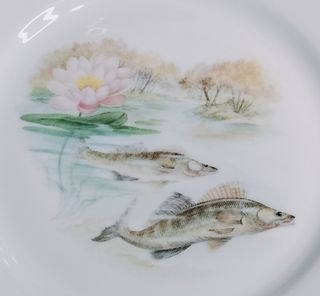 Vajilla de porcelana con peces y flores