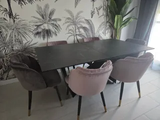 Mesa comedor y 6 sillas terciopelo rosa y gris
