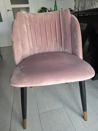 Mesa comedor y 6 sillas terciopelo rosa y gris