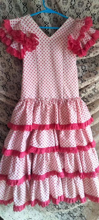 Traje Flamenca niña lunares blanco/fucsia 4 años