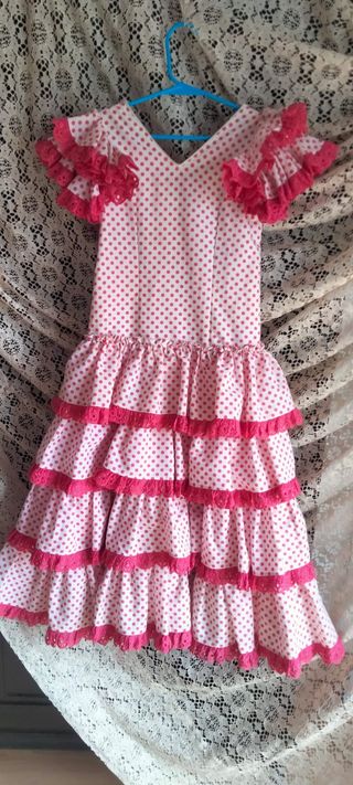 Traje Flamenca niña lunares blanco/fucsia 4 años