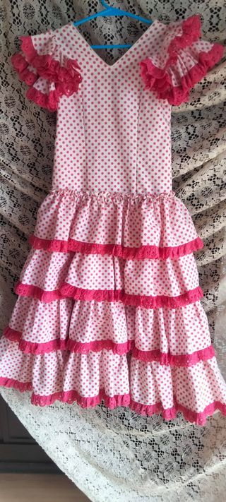 Traje Flamenca niña lunares blanco/fucsia 4 años