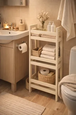 Estantería de baño de madera y mimbre