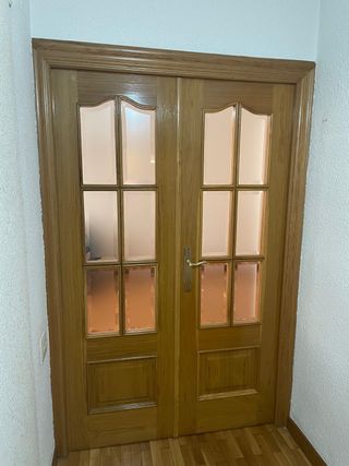 Puerta doble madera roble con cristal translucido
