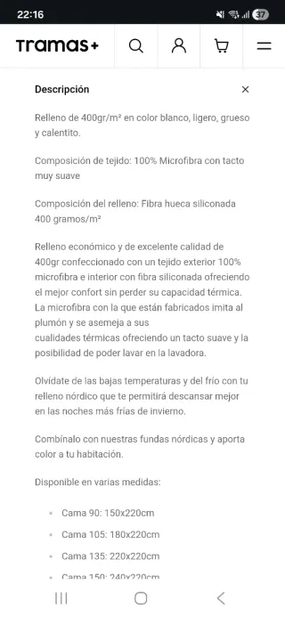 Relleno nórdico 400gr Tramas cama 105cm