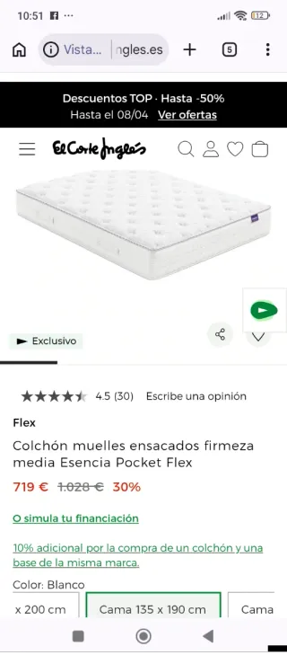 135x180 NUEVO FLEX ESENCIA POCKET COLCHON MUELLES