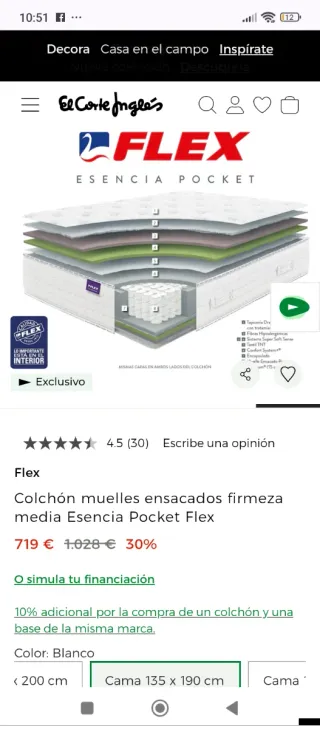 135x180 NUEVO FLEX ESENCIA POCKET COLCHON MUELLES