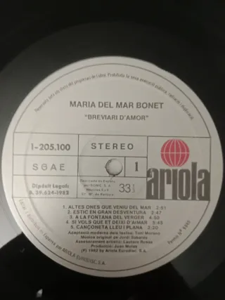 Vinilo María Del Mar Bonet Breviari D'Amor 1982