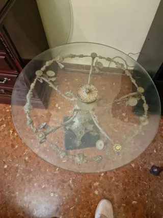 Mesa redonda cristal, bronce y marmol