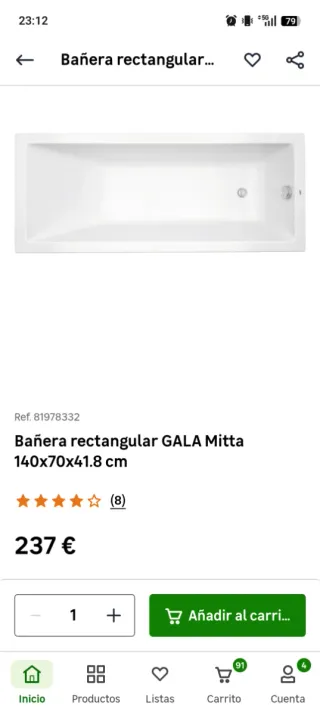 Bañera Gala Mita 140x70