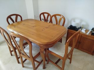 Mesa rústica extensible madera maciza y 6 sillas