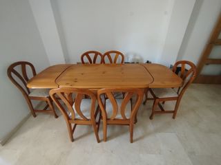 Mesa rústica extensible madera maciza y 6 sillas