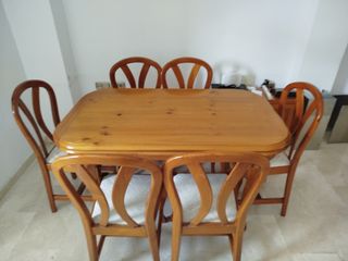 Mesa rústica extensible madera maciza y 6 sillas