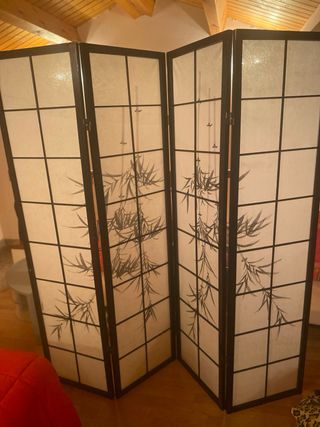 Biombo japonés de 4 paneles bambú blanco y negro